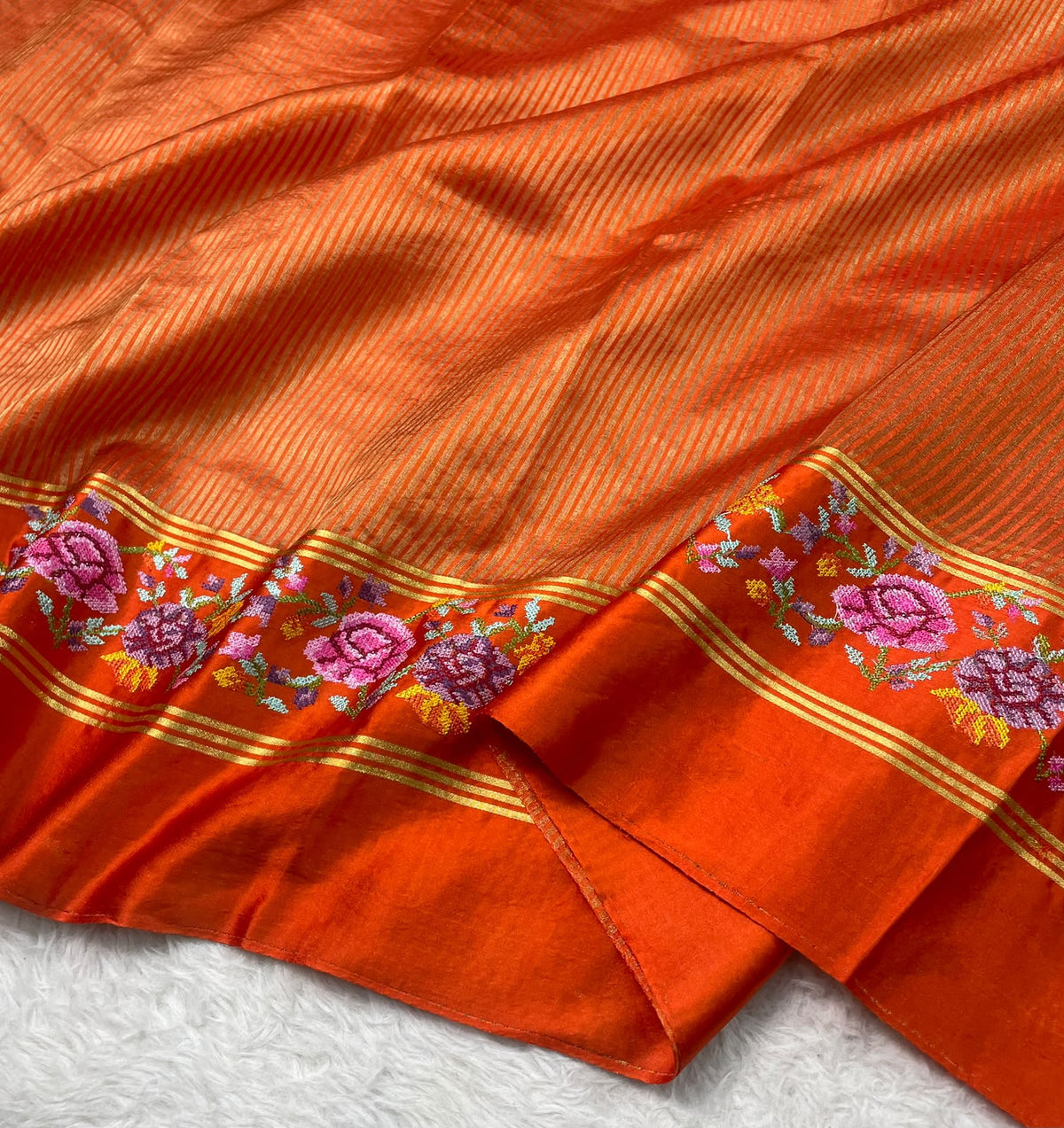 Pure Tissue Stripe Petit Point Embroidery Saree With Satin Mashru Border