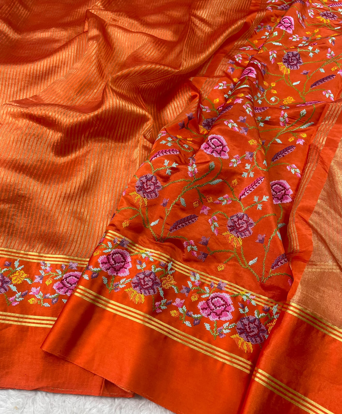 Pure Tissue Stripe Petit Point Embroidery Saree With Satin Mashru Border