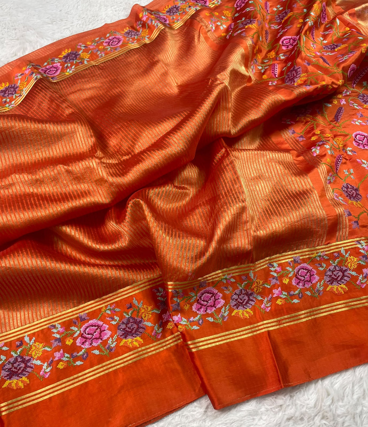 Pure Tissue Stripe Petit Point Embroidery Saree With Satin Mashru Border