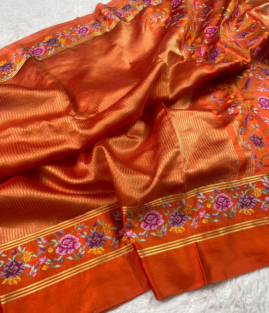 Pure Tissue Stripe Petit Point Embroidery Saree With Satin Mashru Border
