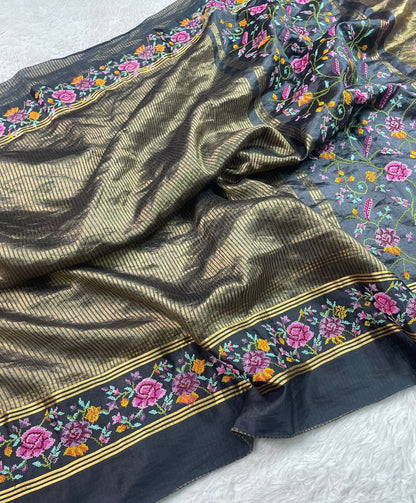 Pure Tissue Stripe Petit Point Embroidery Saree With Satin Mashru Border
