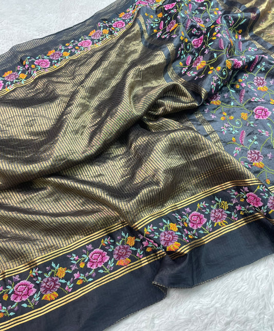 Pure Tissue Stripe Petit Point Embroidery Saree With Satin Mashru Border