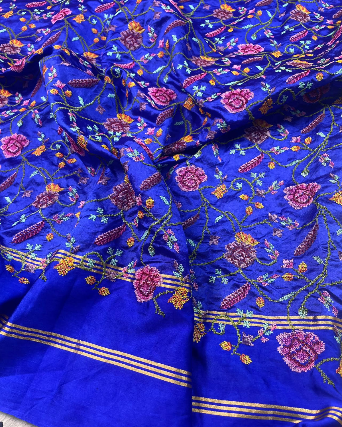 Pure Tissue Stripe Petit Point Embroidery Saree With Satin Mashru Border