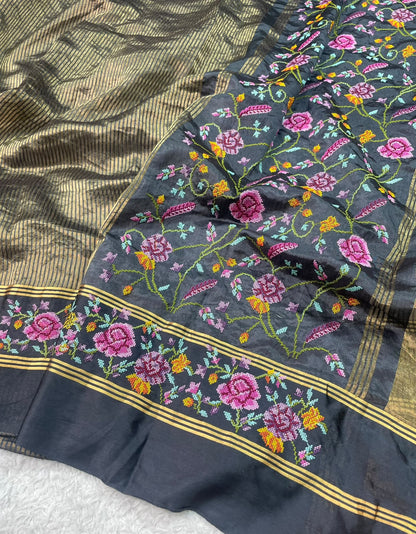 Pure Tissue Stripe Petit Point Embroidery Saree With Satin Mashru Border