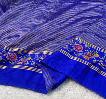 Pure Tissue Stripe Petit Point Embroidery Saree With Satin Mashru Border