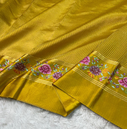 Pure Tissue Stripe Petit Point Embroidery Saree With Satin Mashru Border