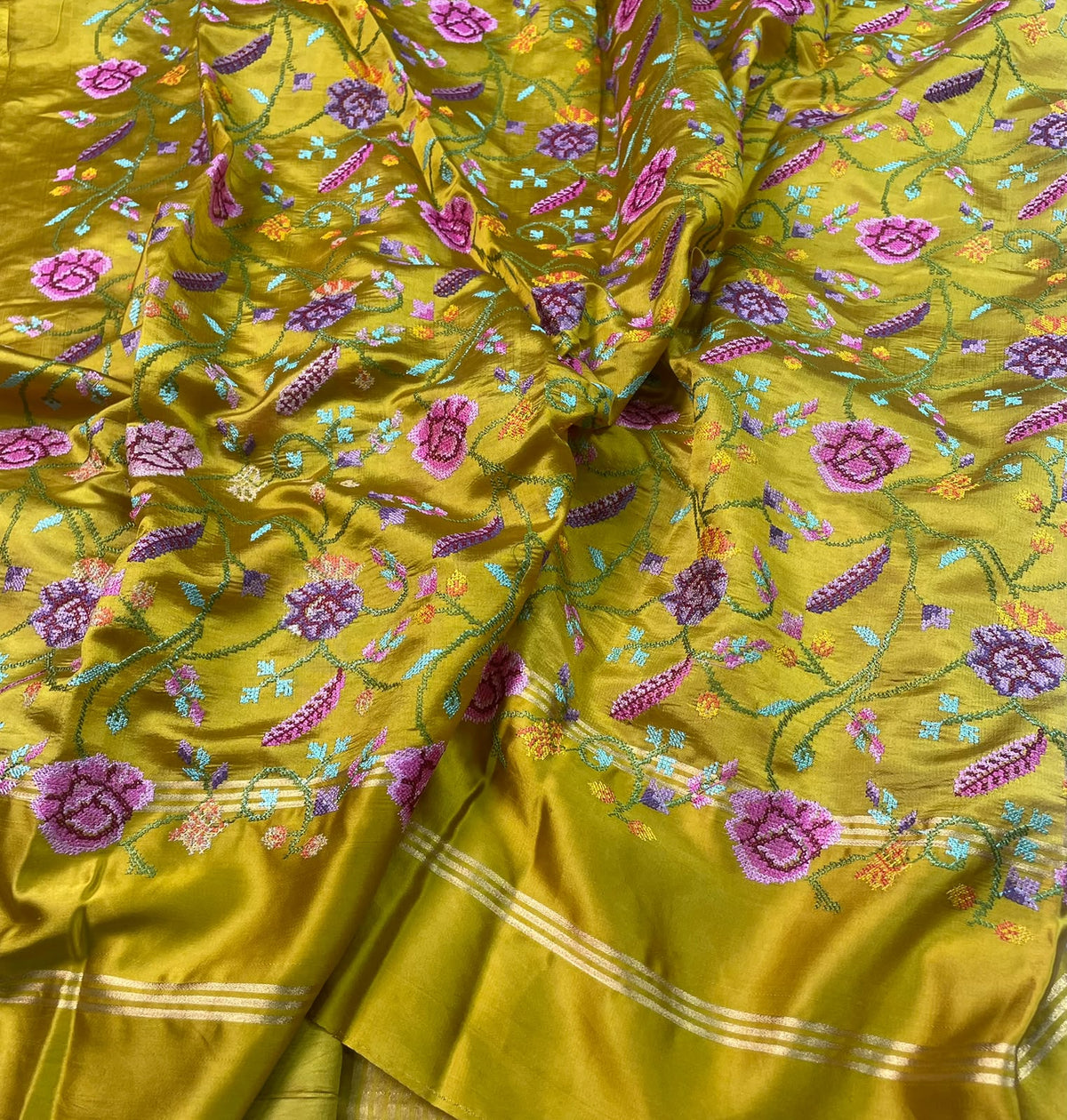 Pure Tissue Stripe Petit Point Embroidery Saree With Satin Mashru Border
