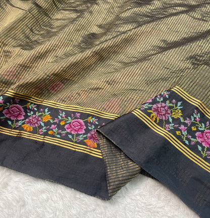 Pure Tissue Stripe Petit Point Embroidery Saree With Satin Mashru Border