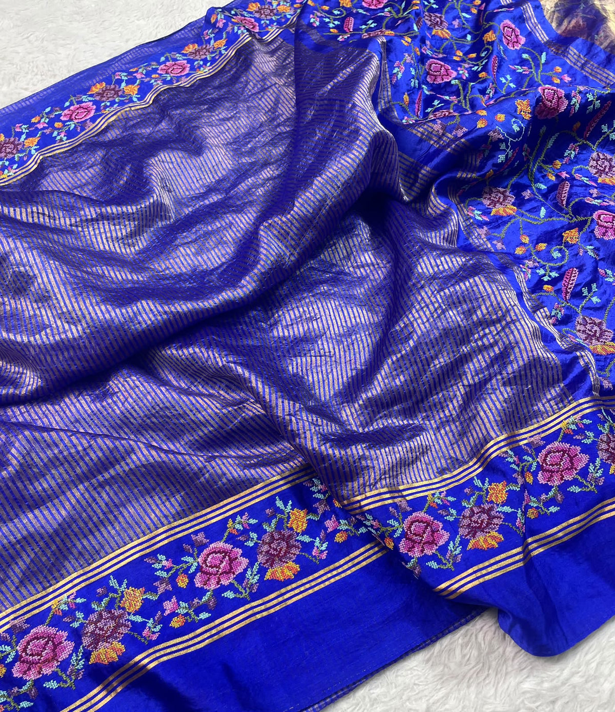 Pure Tissue Stripe Petit Point Embroidery Saree With Satin Mashru Border