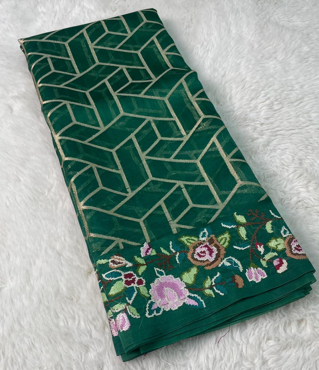 Pure Kora Silk Banarasi Saree with Hand Cross-Stitch Embroidery & Brocade Blouse
