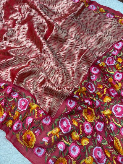 Banarasi Handloom pure kora Organza Heavy Embriodery Saree