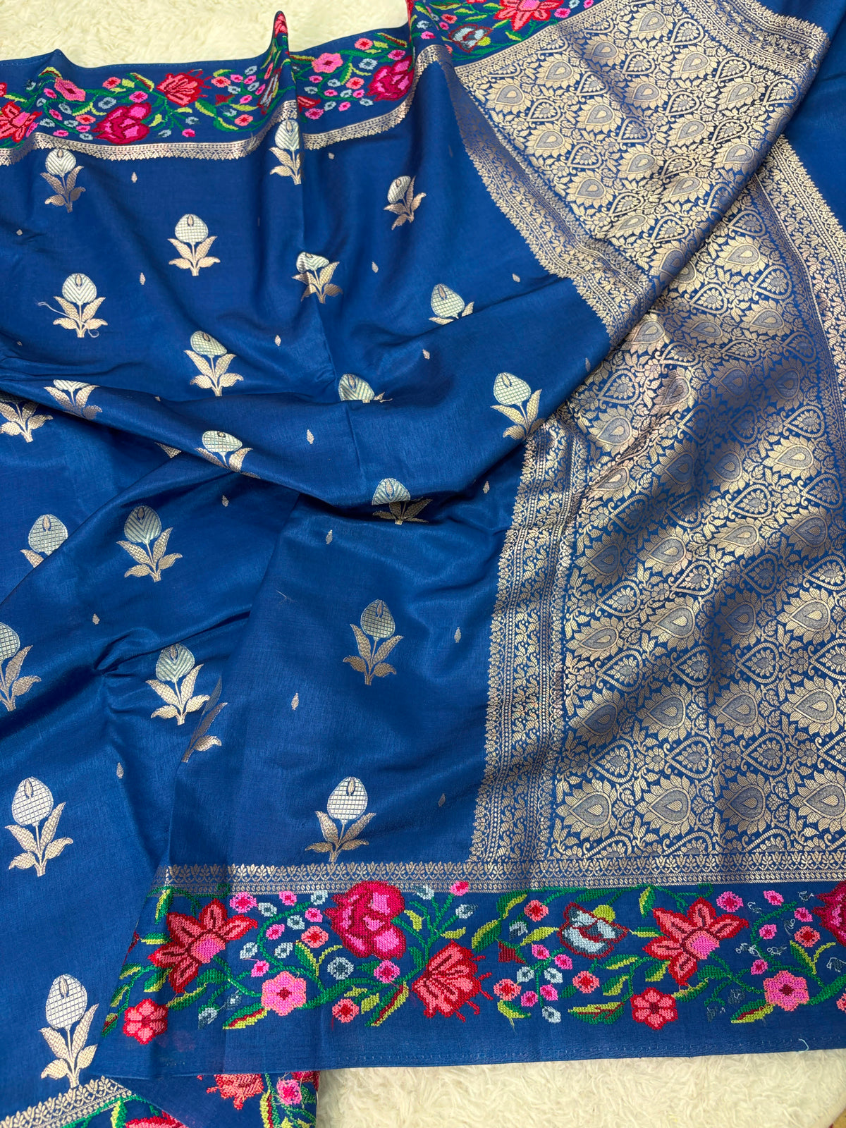 Banaras Handloom Raw Mango Saree with Petit Point Embroidery