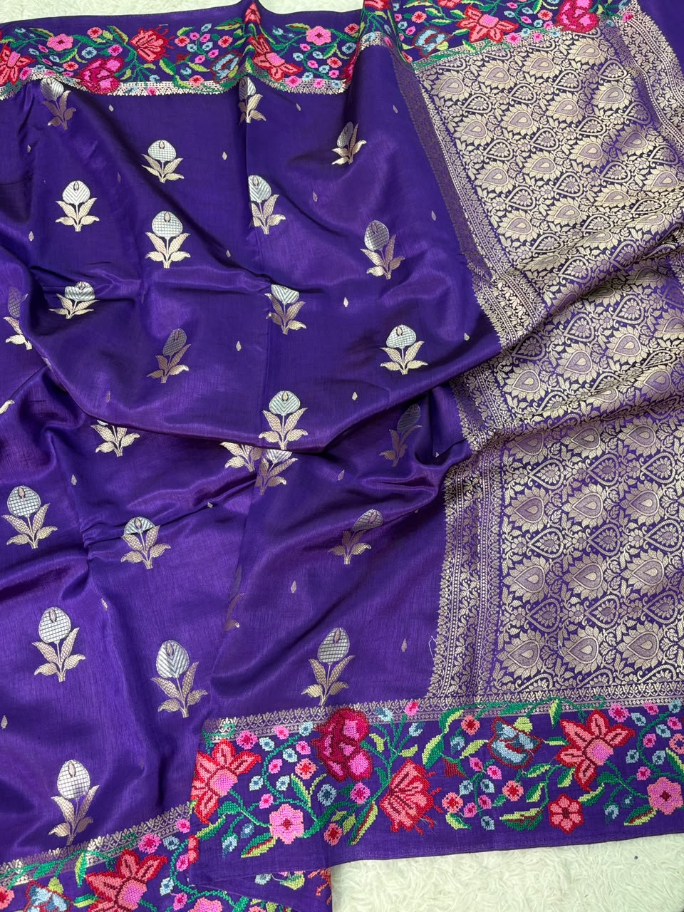 Banaras Handloom Raw Mango Saree with Petit Point Embroidery
