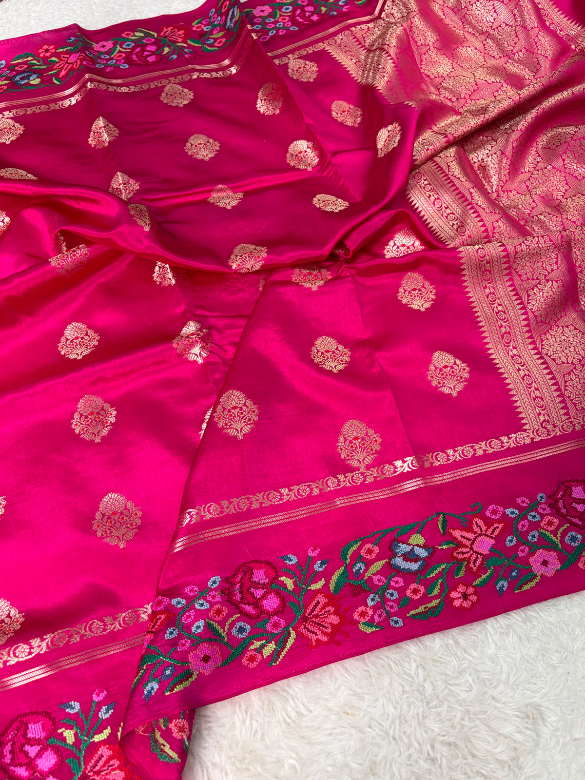 Banaras Handloom Raw Mango Saree with Petit Point Embroidery