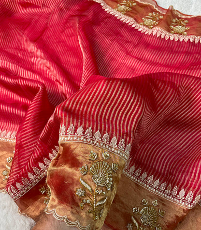 Banarasi Pure kora tissue stripes with handwork embroidery