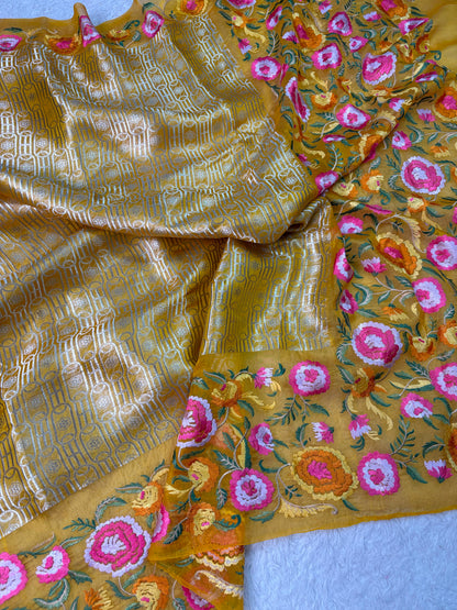 Banarasi Handloom pure kora Organza Heavy Embriodery Saree