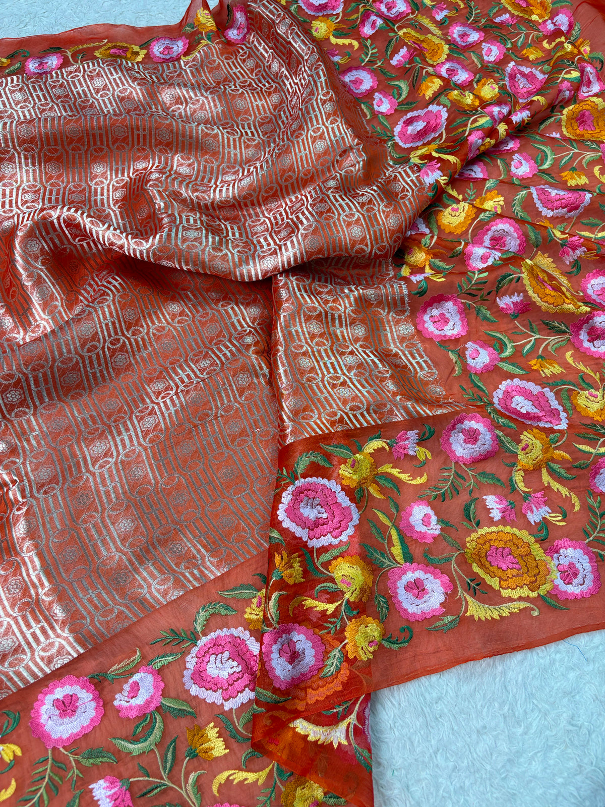 Banarasi Handloom pure kora Organza Heavy Embriodery Saree