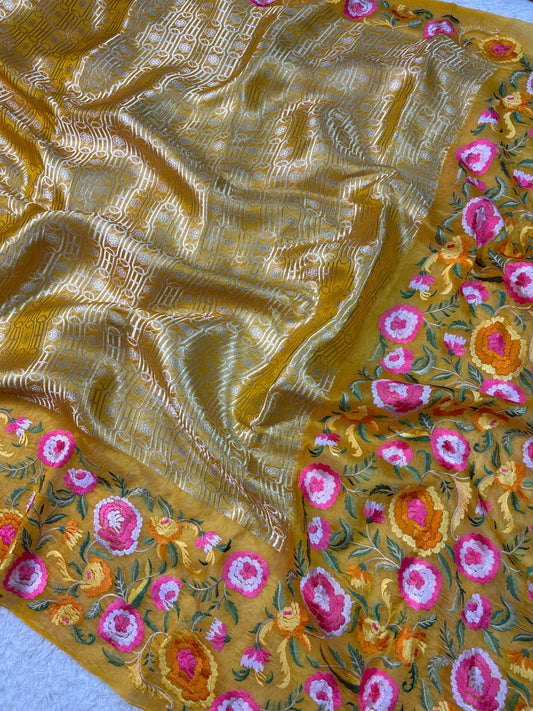 Banarasi Handloom pure kora Organza Heavy Embriodery Saree