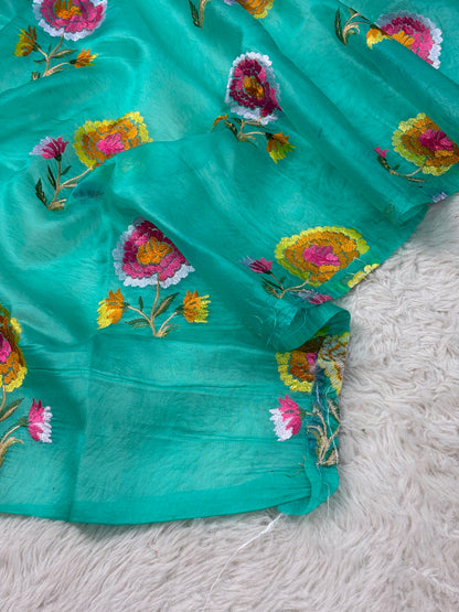 Banarasi Handloom pure kora Organza Heavy Embriodery Saree