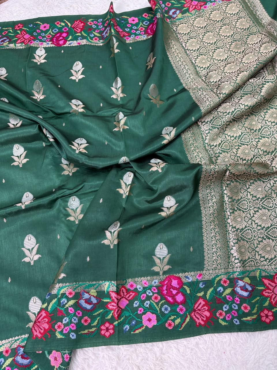 Banaras Handloom Raw Mango Saree with Petit Point Embroidery