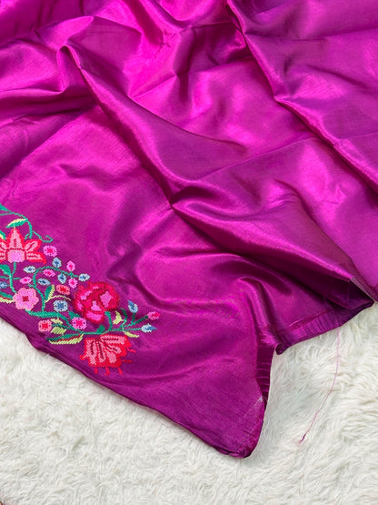 Banaras Handloom Raw Mango Saree with Petit Point Embroidery