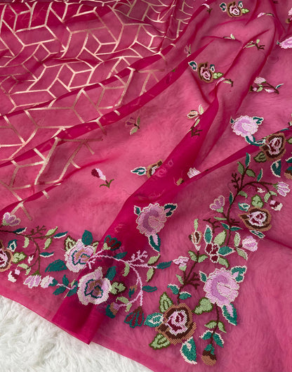Pure Kora Silk Banarasi Saree with Hand Cross-Stitch Embroidery & Brocade Blouse