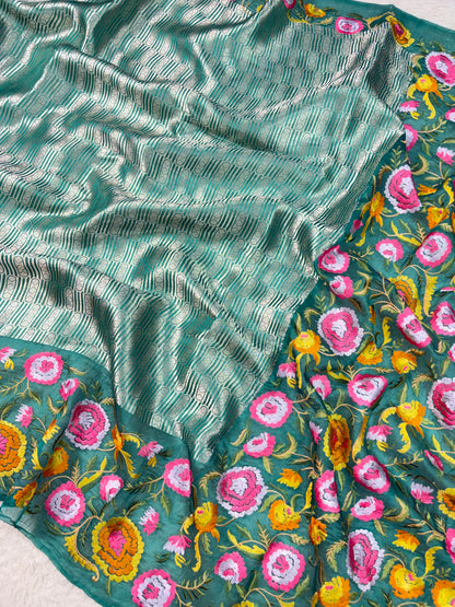 Banarasi Handloom pure kora Organza Heavy Embriodery Saree