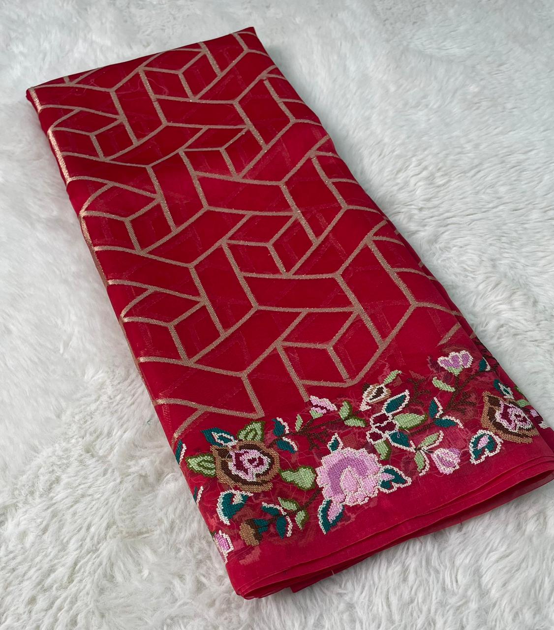 Pure Kora Silk Banarasi Saree with Hand Cross-Stitch Embroidery & Brocade Blouse