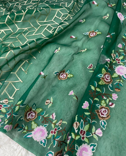 Pure Kora Silk Banarasi Saree with Hand Cross-Stitch Embroidery & Brocade Blouse
