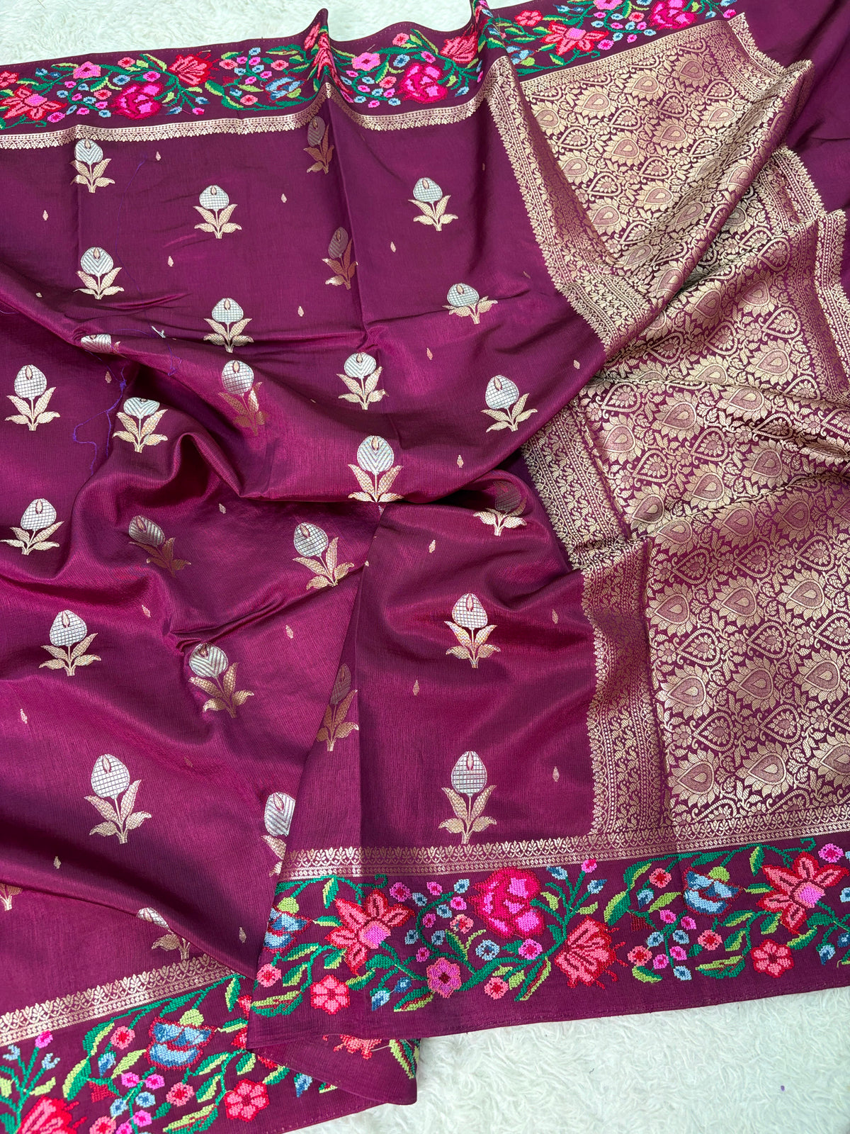 Banaras Handloom Raw Mango Saree with Petit Point Embroidery