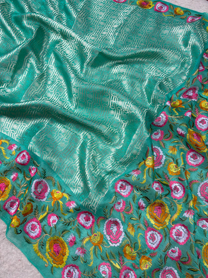Banarasi Handloom pure kora Organza Heavy Embriodery Saree
