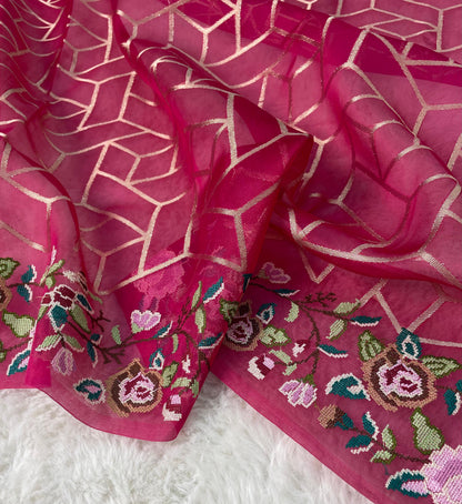 Pure Kora Silk Banarasi Saree with Hand Cross-Stitch Embroidery & Brocade Blouse