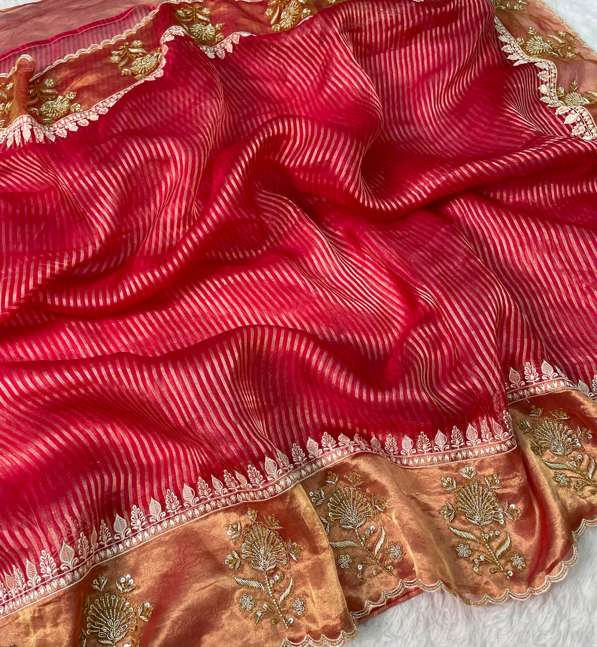 Banarasi Pure kora tissue stripes with handwork embroidery
