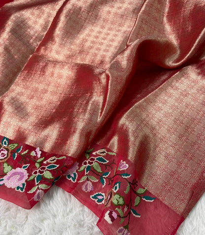 Pure Kora Silk Banarasi Saree with Hand Cross-Stitch Embroidery & Brocade Blouse
