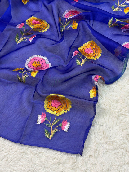 Banarasi Handloom pure kora Organza Heavy Embriodery Saree